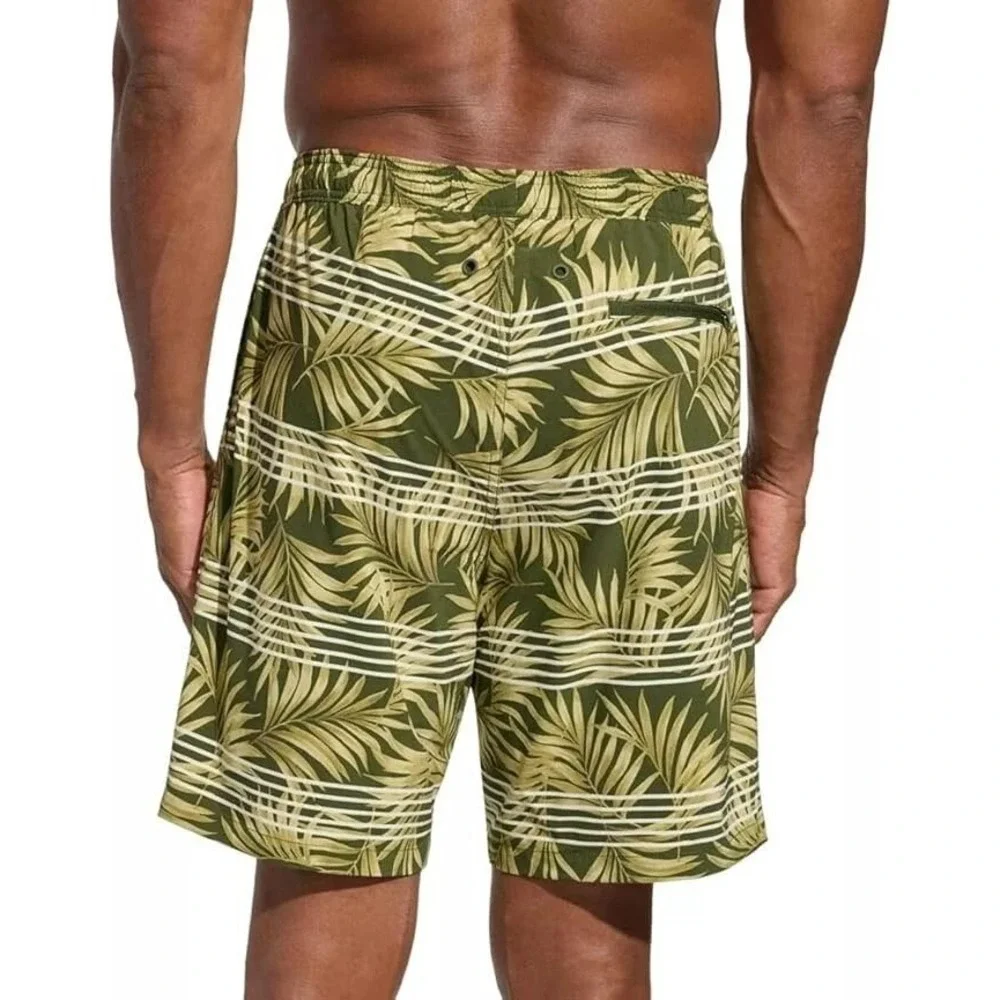 NWT Kirkland Signature Tropical Palm Swim Shorts Men's M Green Stretch Fabric